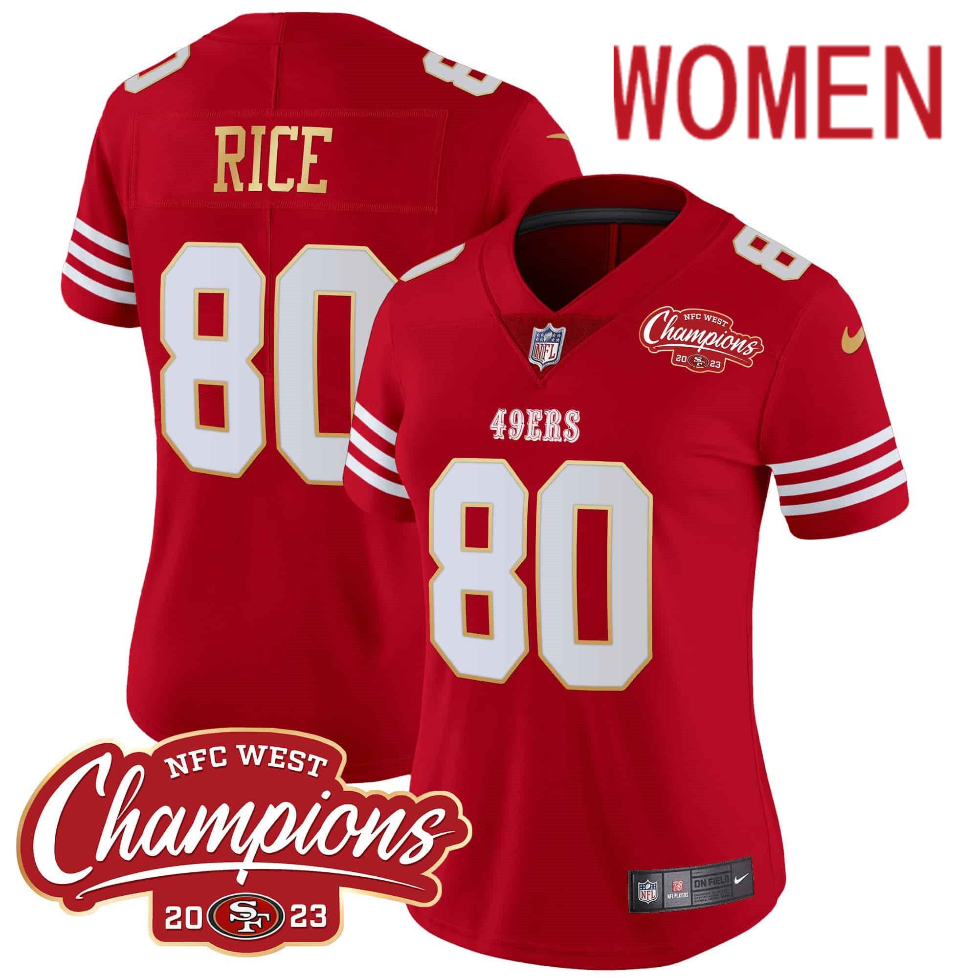 Women San Francisco 49ers 80 Rice Red 2024 Nike NFC West Champions Gold Trim Vapor NFL Jersey style 1
